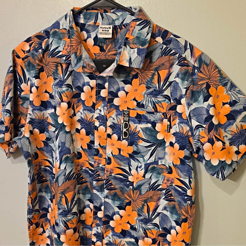 Hurley Men's Woven SS Button-Up Tropical Floral Shirt M Blue/Orange #285